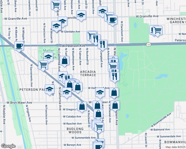 map of restaurants, bars, coffee shops, grocery stores, and more near 5753 North Maplewood Avenue in Chicago