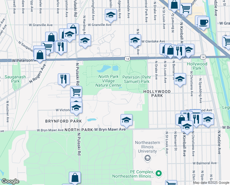 map of restaurants, bars, coffee shops, grocery stores, and more near 3601 West Peterson Avenue in Chicago