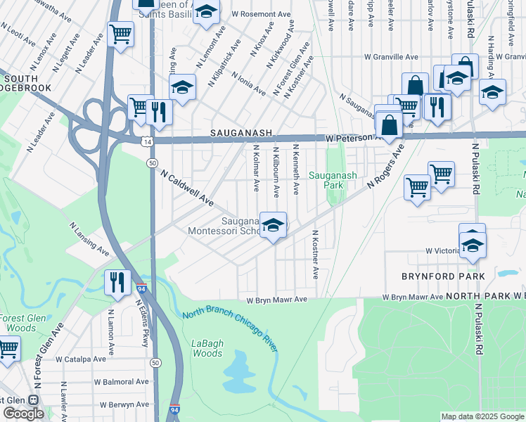 map of restaurants, bars, coffee shops, grocery stores, and more near 5840 North Kilbourn Avenue in Chicago