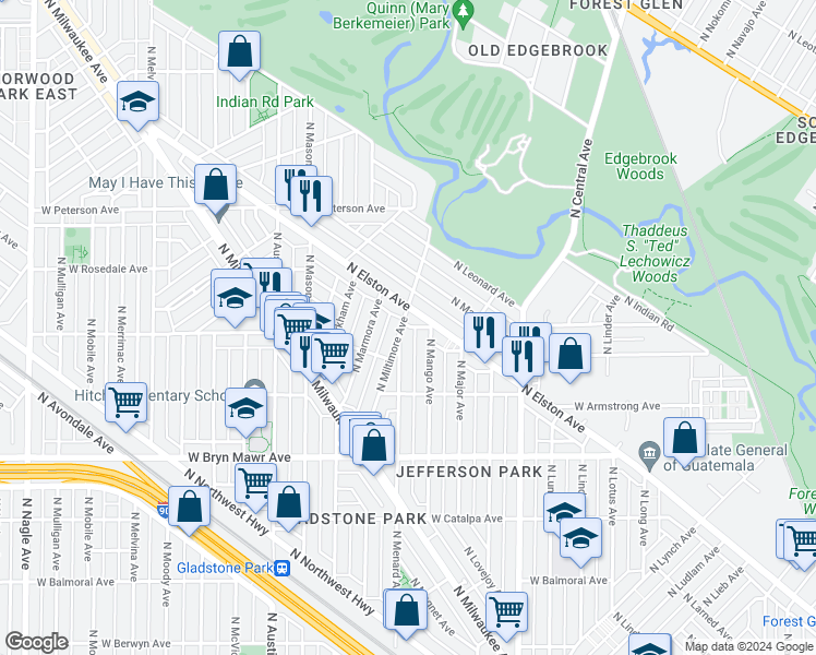 map of restaurants, bars, coffee shops, grocery stores, and more near 5762 North Mango Avenue in Chicago