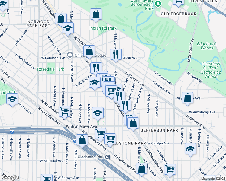 map of restaurants, bars, coffee shops, grocery stores, and more near 5757 North Milwaukee Avenue in Chicago