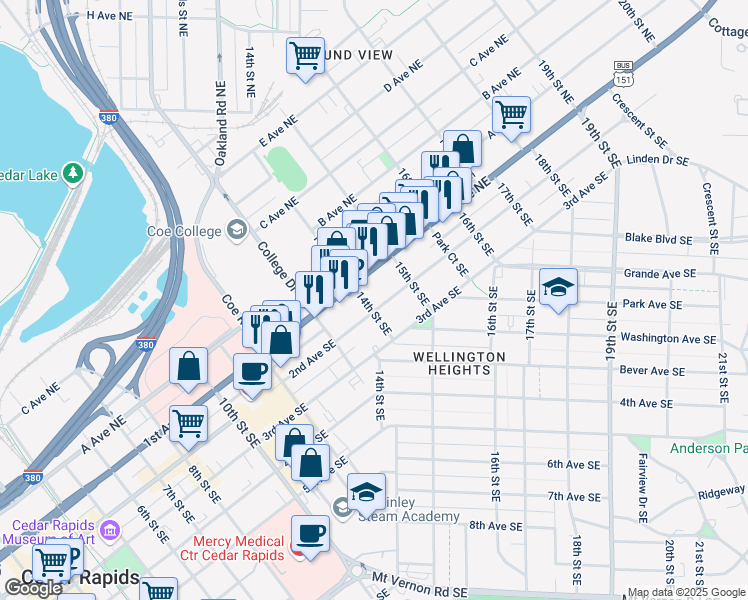map of restaurants, bars, coffee shops, grocery stores, and more near 1400 2nd Avenue Southeast in Cedar Rapids
