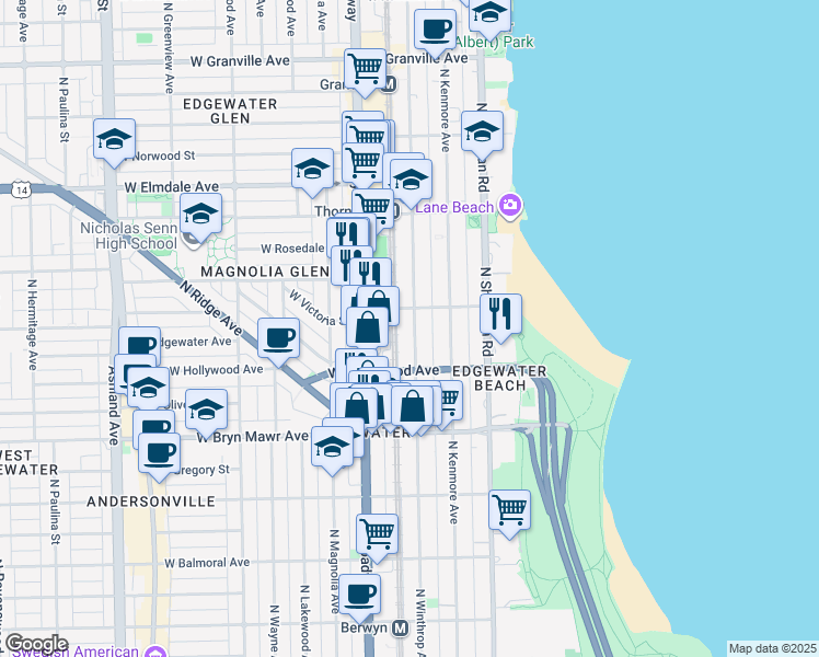 map of restaurants, bars, coffee shops, grocery stores, and more near 5740 North Winthrop Avenue in Chicago