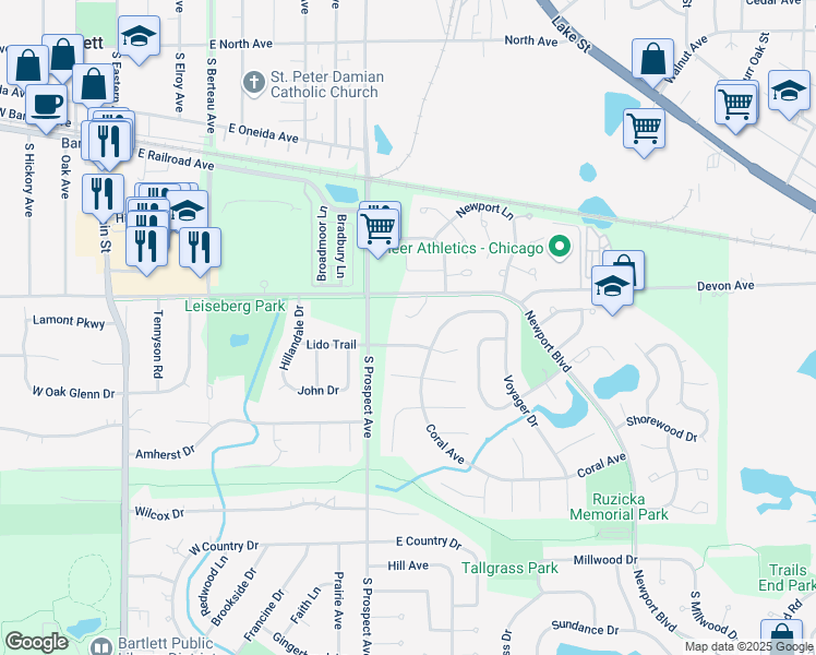 map of restaurants, bars, coffee shops, grocery stores, and more near 622 Lido Terrace West in Bartlett