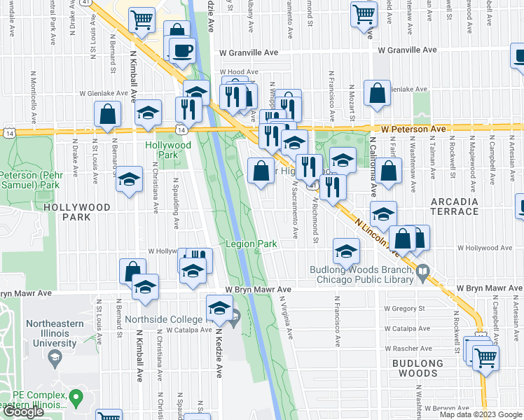 map of restaurants, bars, coffee shops, grocery stores, and more near 5801 North Virginia Avenue in Chicago
