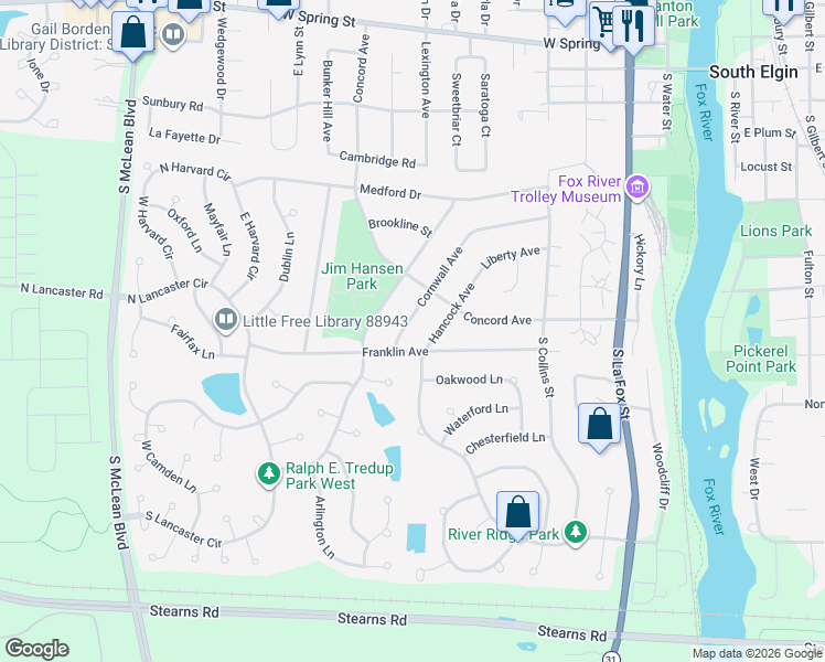 map of restaurants, bars, coffee shops, grocery stores, and more near 363 Cornwall Avenue in South Elgin