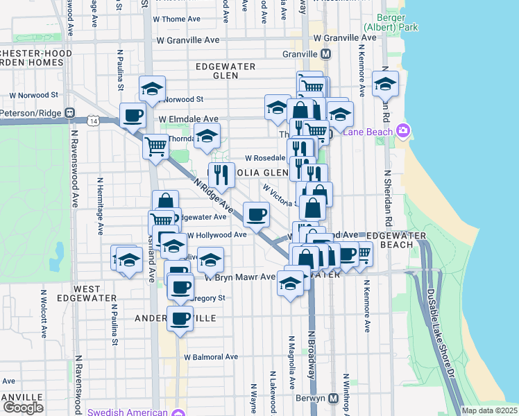 map of restaurants, bars, coffee shops, grocery stores, and more near N Wayne Ave & W Early Ave in Chicago