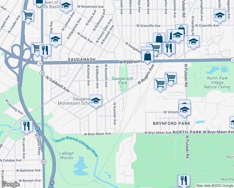 map of restaurants, bars, coffee shops, grocery stores, and more near 5808 North Rogers Avenue in Chicago