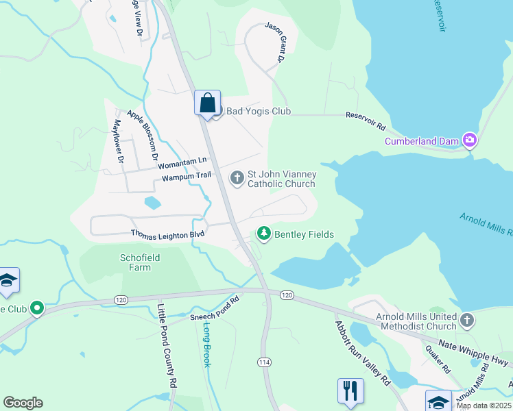 map of restaurants, bars, coffee shops, grocery stores, and more near 61 Metcalf Dr in Cumberland
