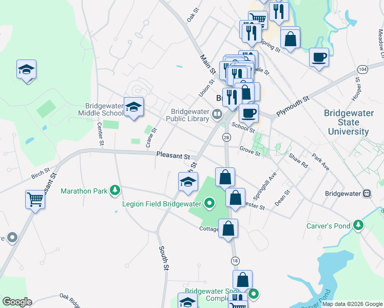 map of restaurants, bars, coffee shops, grocery stores, and more near 16 Pleasant Street in Bridgewater