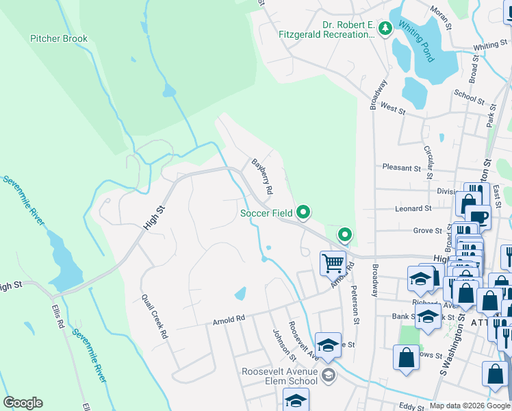 map of restaurants, bars, coffee shops, grocery stores, and more near 12 Sagebrush Drive in North Attleborough