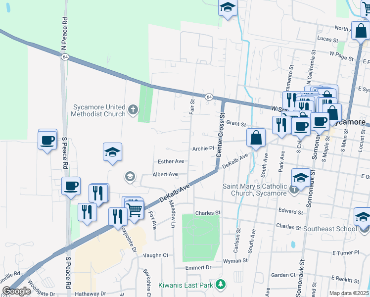 map of restaurants, bars, coffee shops, grocery stores, and more near 304 Fair Street in Sycamore