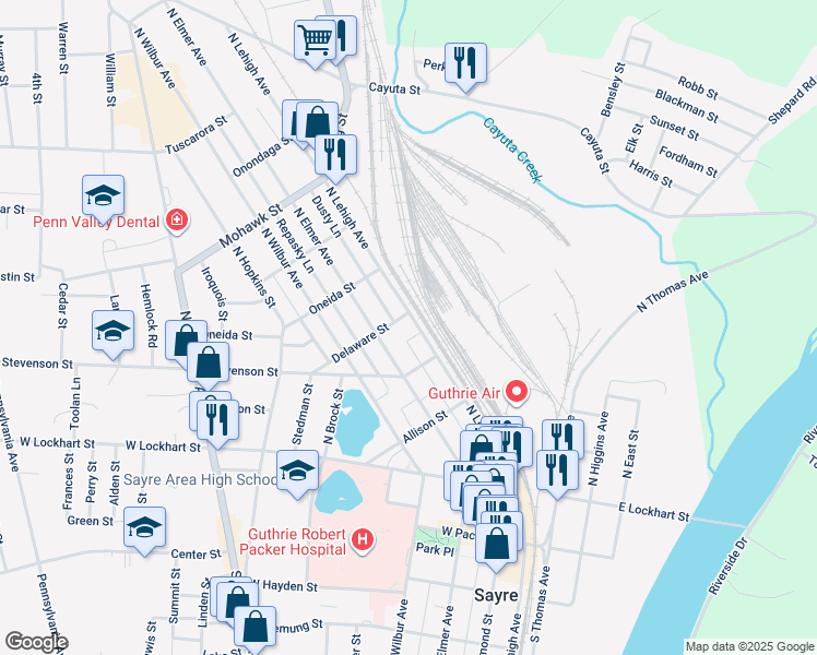 map of restaurants, bars, coffee shops, grocery stores, and more near 1-99 Delaware Street in Sayre