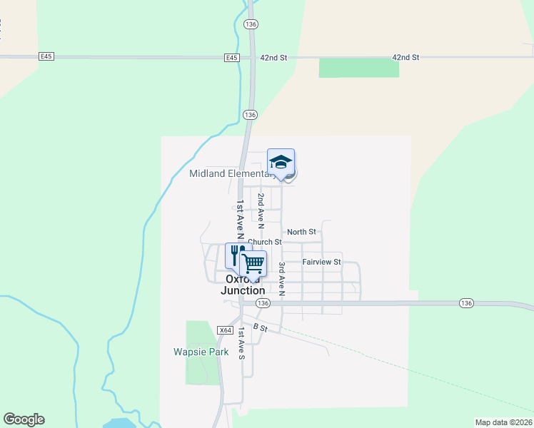 map of restaurants, bars, coffee shops, grocery stores, and more near 365-399 2nd Avenue North in Oxford Junction