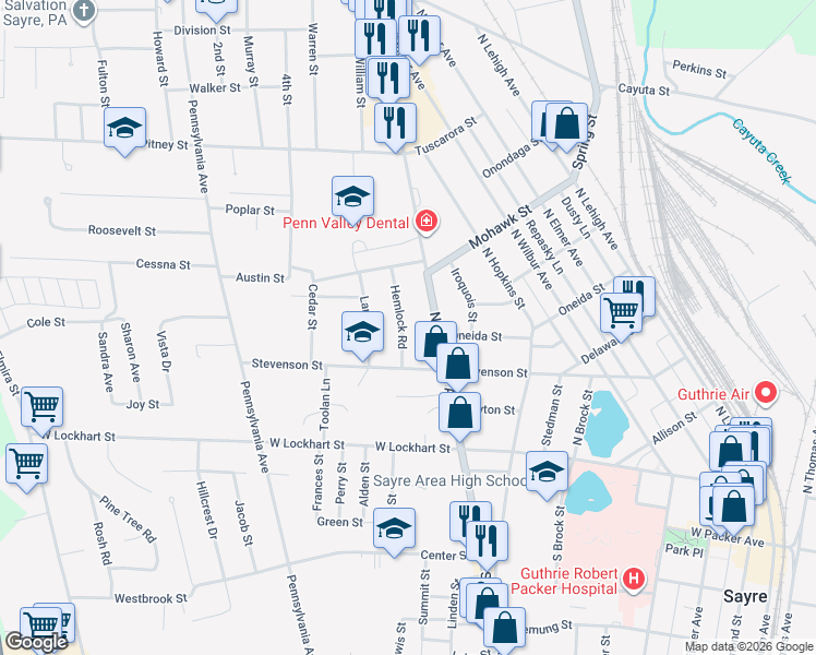 map of restaurants, bars, coffee shops, grocery stores, and more near 608 Stevenson Street in Sayre