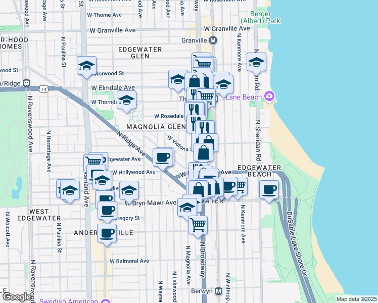 map of restaurants, bars, coffee shops, grocery stores, and more near 5724 North Magnolia Avenue in Chicago