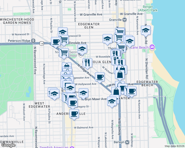 map of restaurants, bars, coffee shops, grocery stores, and more near 5745 North Ridge Avenue in Chicago