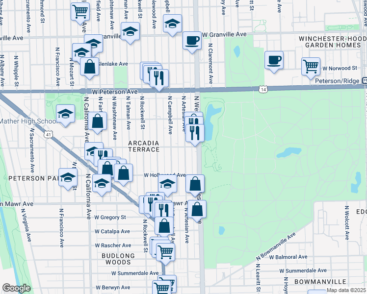 map of restaurants, bars, coffee shops, grocery stores, and more near 5751 North Campbell Avenue in Chicago