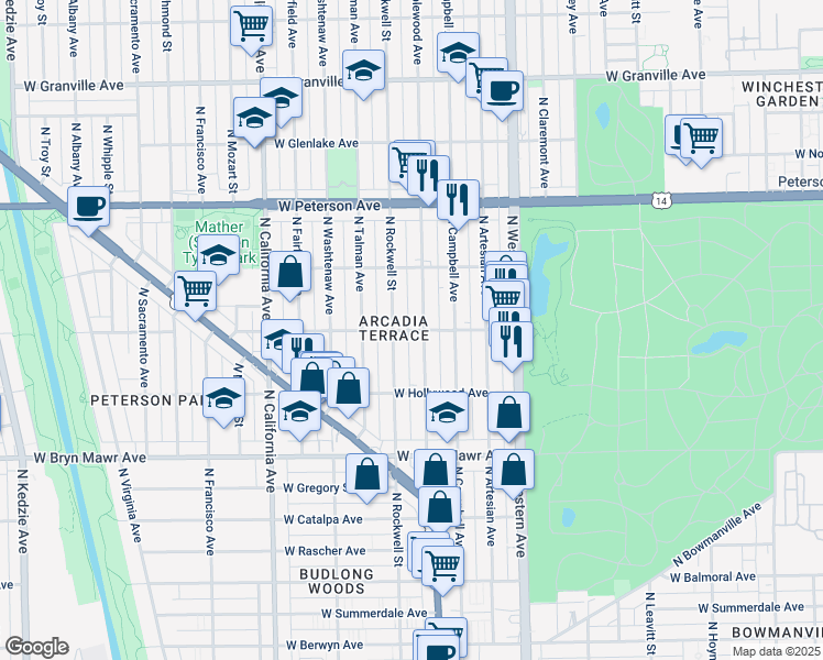 map of restaurants, bars, coffee shops, grocery stores, and more near 5753 North Maplewood Avenue in Chicago