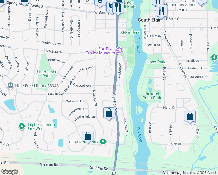 map of restaurants, bars, coffee shops, grocery stores, and more near 150 Windsor Circle in South Elgin