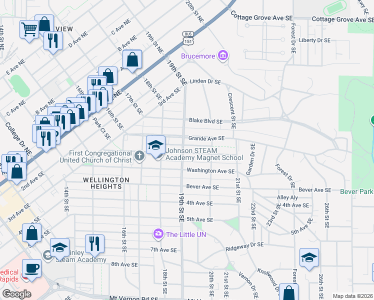 map of restaurants, bars, coffee shops, grocery stores, and more near 1905 Park Avenue Southeast in Cedar Rapids