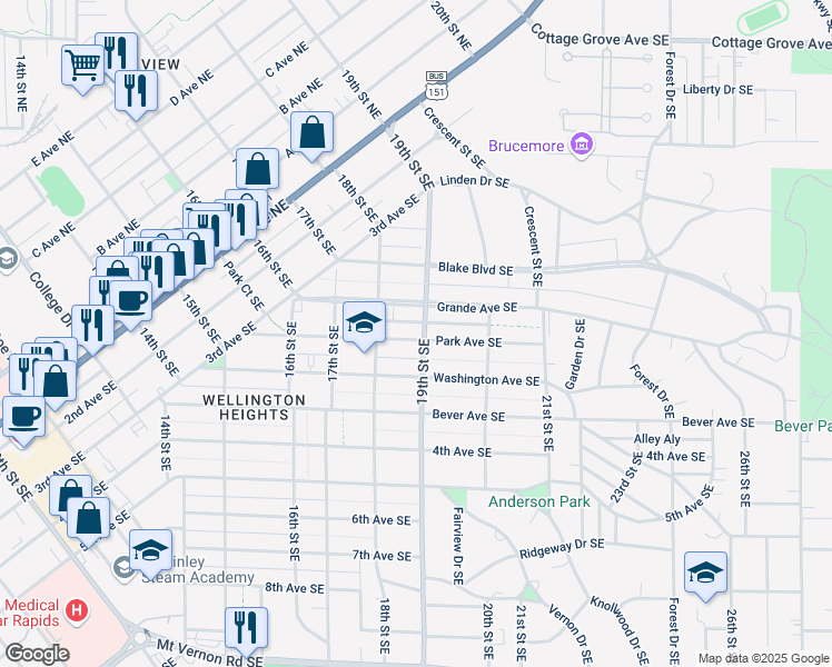 map of restaurants, bars, coffee shops, grocery stores, and more near 1905 Park Avenue Southeast in Cedar Rapids