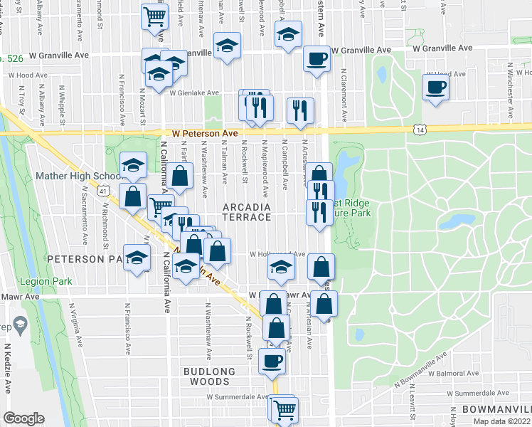 map of restaurants, bars, coffee shops, grocery stores, and more near 2534 W Ardmore Ave in Chicago