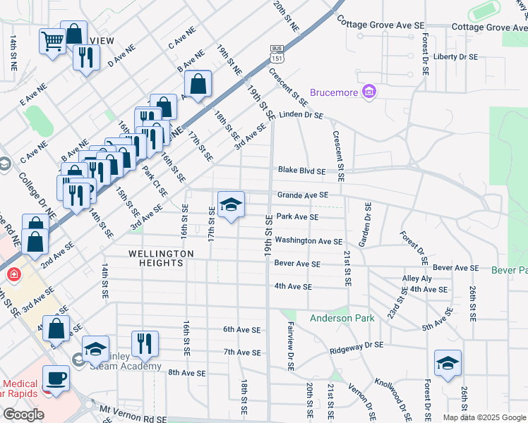 map of restaurants, bars, coffee shops, grocery stores, and more near 1905 Park Avenue Southeast in Cedar Rapids