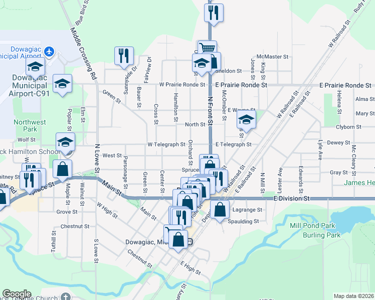 map of restaurants, bars, coffee shops, grocery stores, and more near 311 Orchard Street in Dowagiac