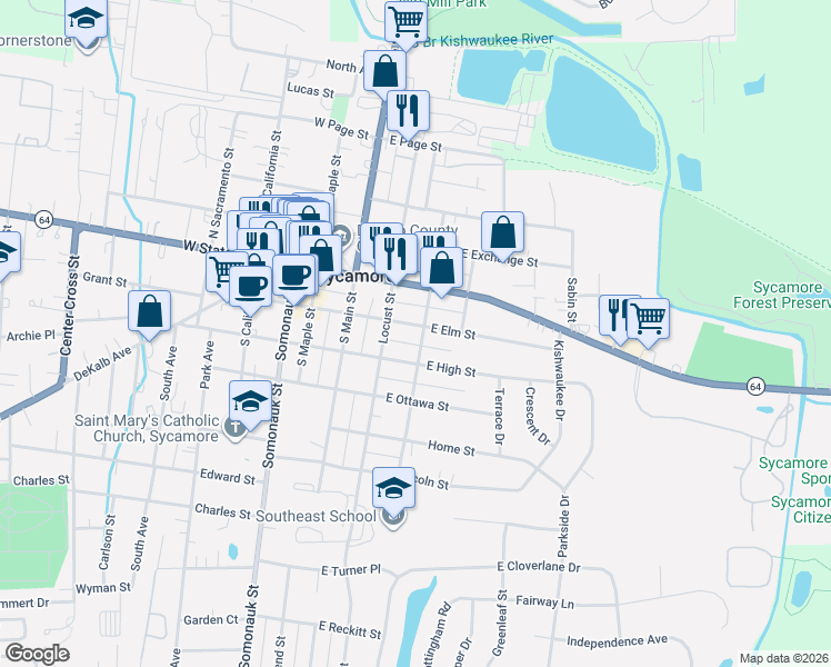 map of restaurants, bars, coffee shops, grocery stores, and more near 212 South Walnut Street in Sycamore