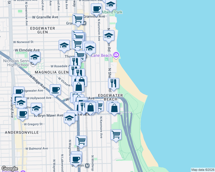 map of restaurants, bars, coffee shops, grocery stores, and more near 5746 North Sheridan Road in Chicago