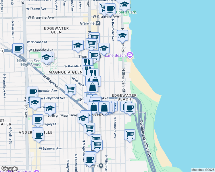 map of restaurants, bars, coffee shops, grocery stores, and more near 5747 North Winthrop Avenue in Chicago