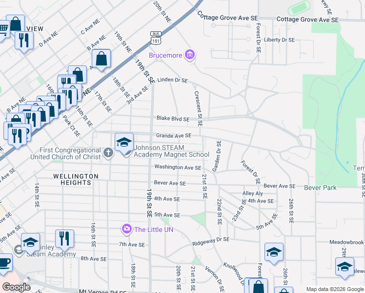 map of restaurants, bars, coffee shops, grocery stores, and more near 2012 Park Avenue Southeast in Cedar Rapids