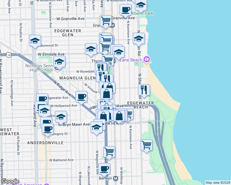 map of restaurants, bars, coffee shops, grocery stores, and more near 5746 North Winthrop Avenue in Chicago