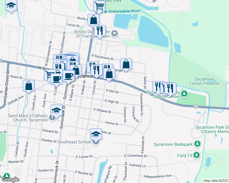 map of restaurants, bars, coffee shops, grocery stores, and more near 227 South Governor Street in Sycamore