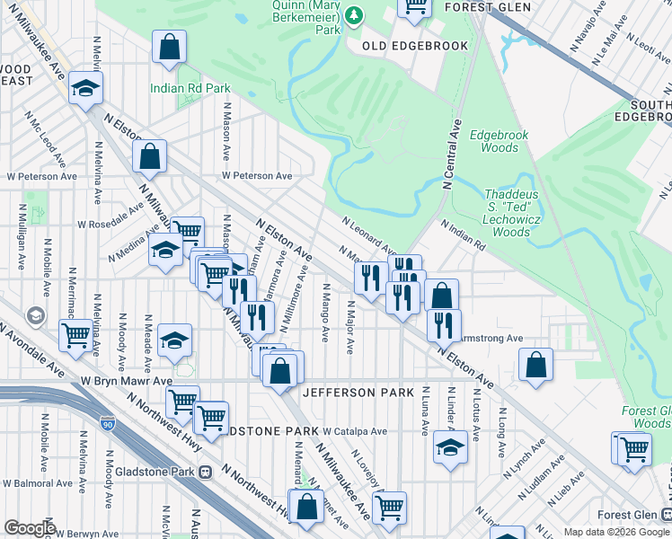 map of restaurants, bars, coffee shops, grocery stores, and more near 5779 North Elston Avenue in Chicago