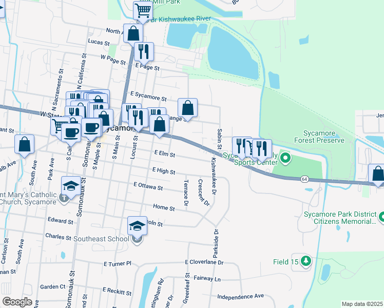 map of restaurants, bars, coffee shops, grocery stores, and more near 454 East Elm Street in Sycamore