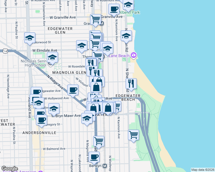 map of restaurants, bars, coffee shops, grocery stores, and more near 5730 North Winthrop Avenue in Chicago