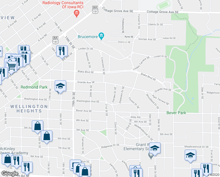 map of restaurants, bars, coffee shops, grocery stores, and more near 2101 Grande Avenue Southeast in Cedar Rapids