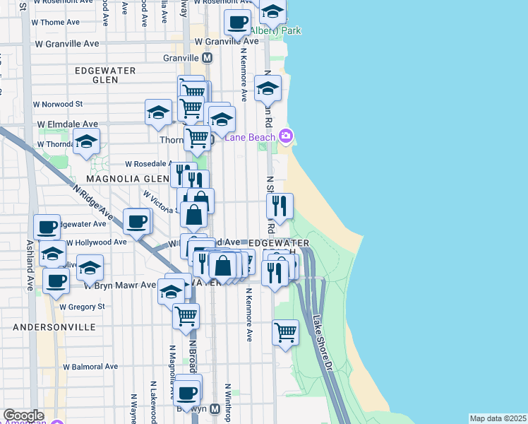 map of restaurants, bars, coffee shops, grocery stores, and more near 5740 North Sheridan Road in Chicago