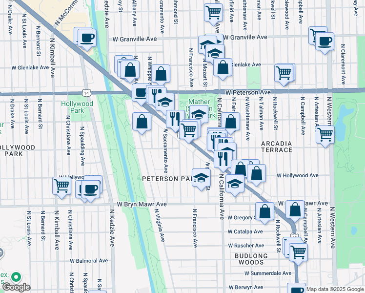 map of restaurants, bars, coffee shops, grocery stores, and more near 5801 North Richmond Street in Chicago