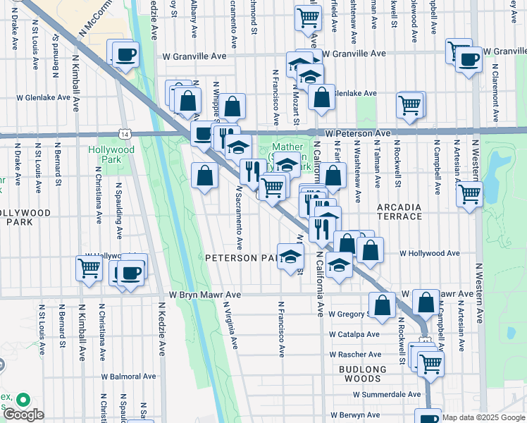 map of restaurants, bars, coffee shops, grocery stores, and more near 5801 North Richmond Street in Chicago