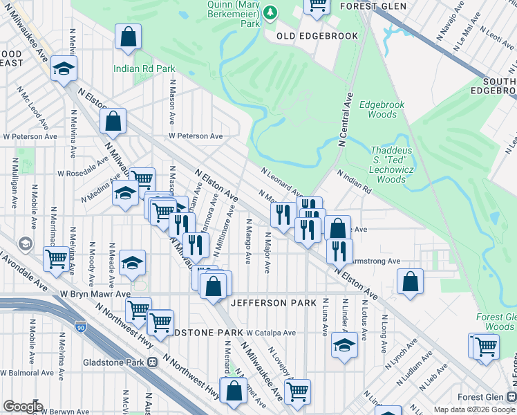 map of restaurants, bars, coffee shops, grocery stores, and more near 5779 North Elston Avenue in Chicago