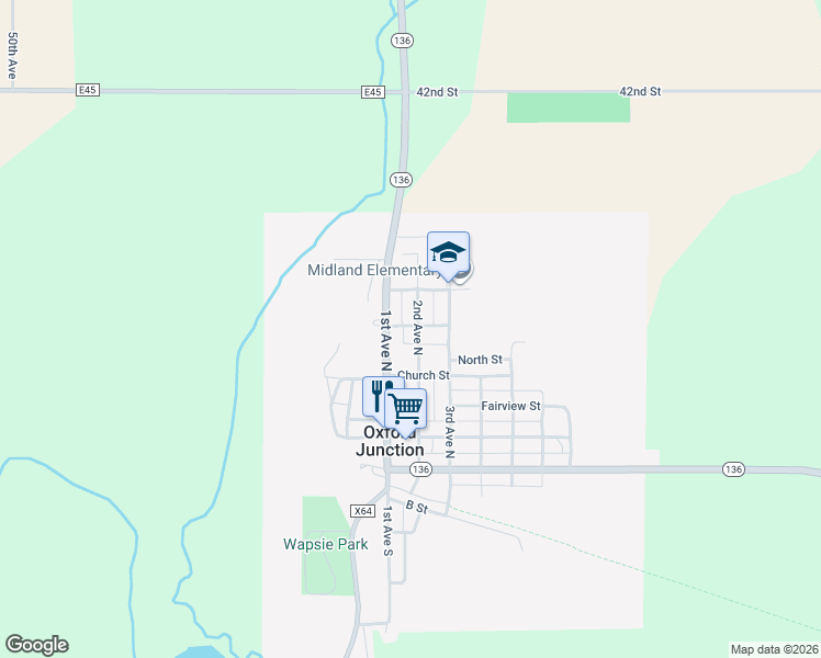 map of restaurants, bars, coffee shops, grocery stores, and more near 365 2nd Avenue North in Oxford Junction