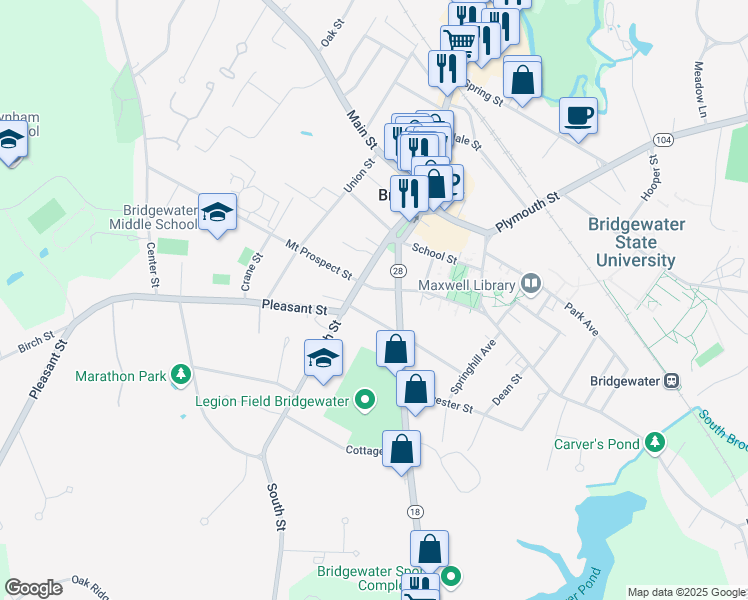map of restaurants, bars, coffee shops, grocery stores, and more near 81 Bedford Street in Bridgewater