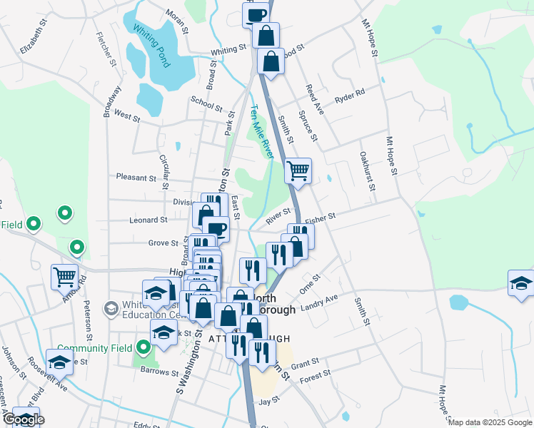 map of restaurants, bars, coffee shops, grocery stores, and more near 31 River Street in North Attleborough