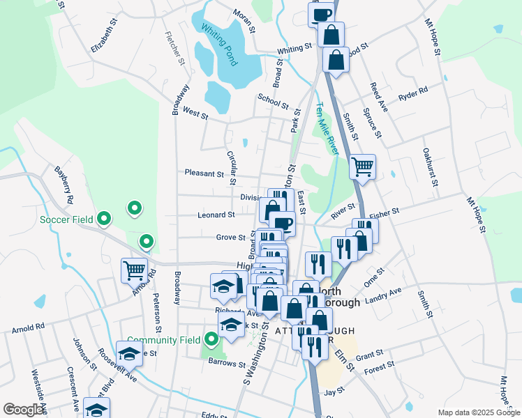 map of restaurants, bars, coffee shops, grocery stores, and more near 158 North Washington Street in North Attleborough