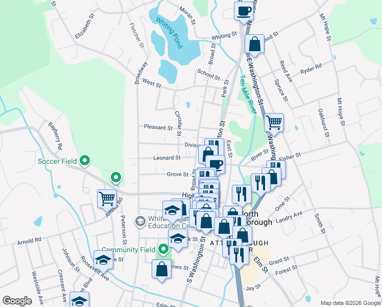 map of restaurants, bars, coffee shops, grocery stores, and more near 14 Leonard Street in North Attleborough