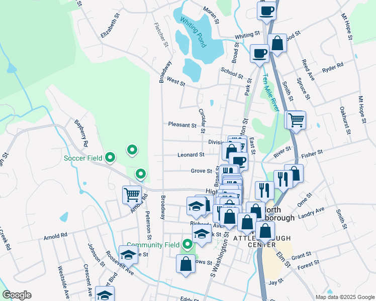 map of restaurants, bars, coffee shops, grocery stores, and more near 50 Leonard Street in North Attleborough