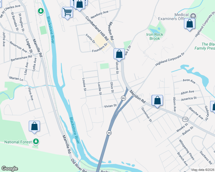 map of restaurants, bars, coffee shops, grocery stores, and more near 110 Burrington Street in Woonsocket